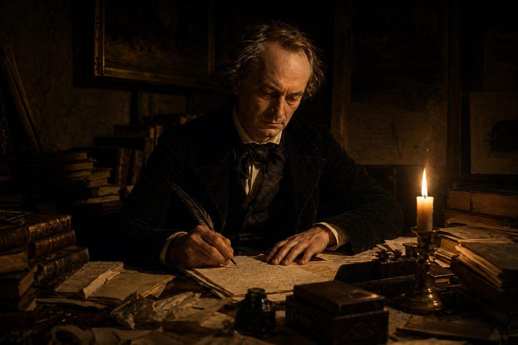 charles baudelaire écrivant a la plume la nuit